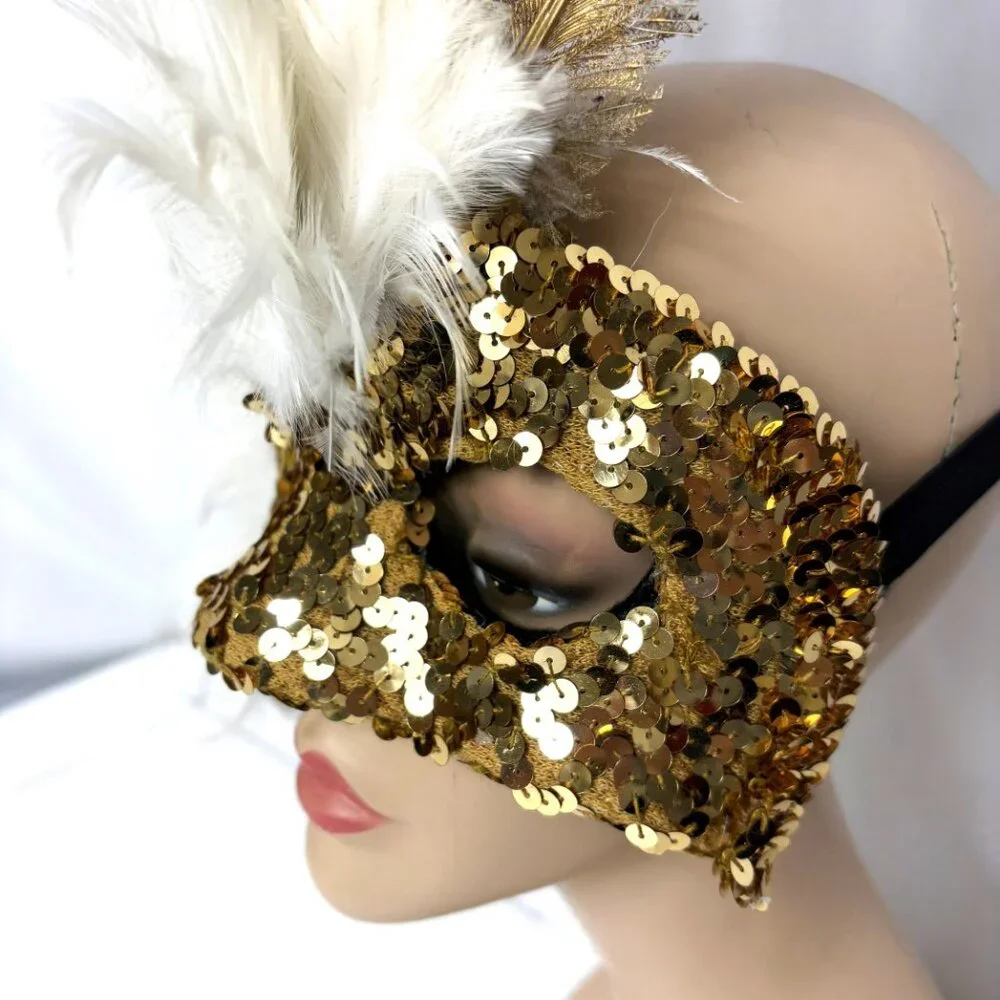 Showgirl Carnival Feather Gold White Mask Headdress Deluxe Vintage